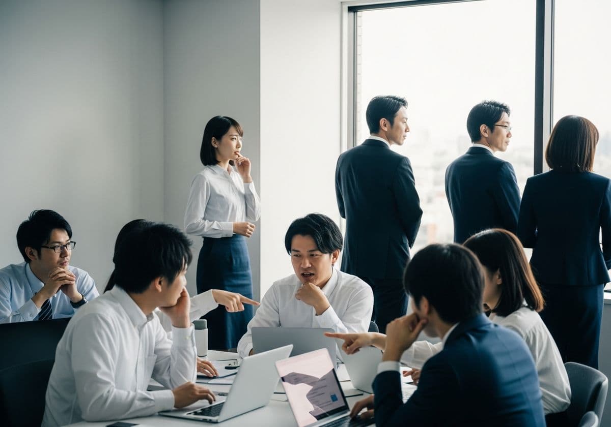 経営者と社員がホワイトボードを囲んでディスカッションしている様子