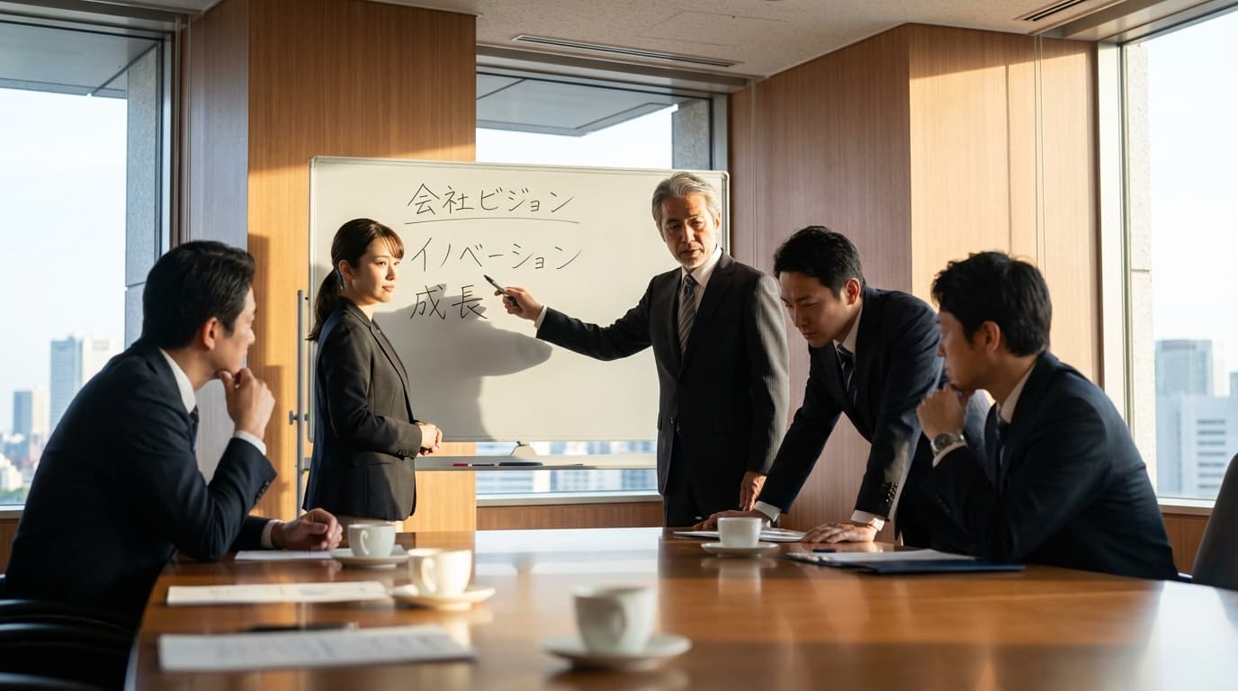 経営者と社員がホワイトボードを囲んでディスカッションしている様子